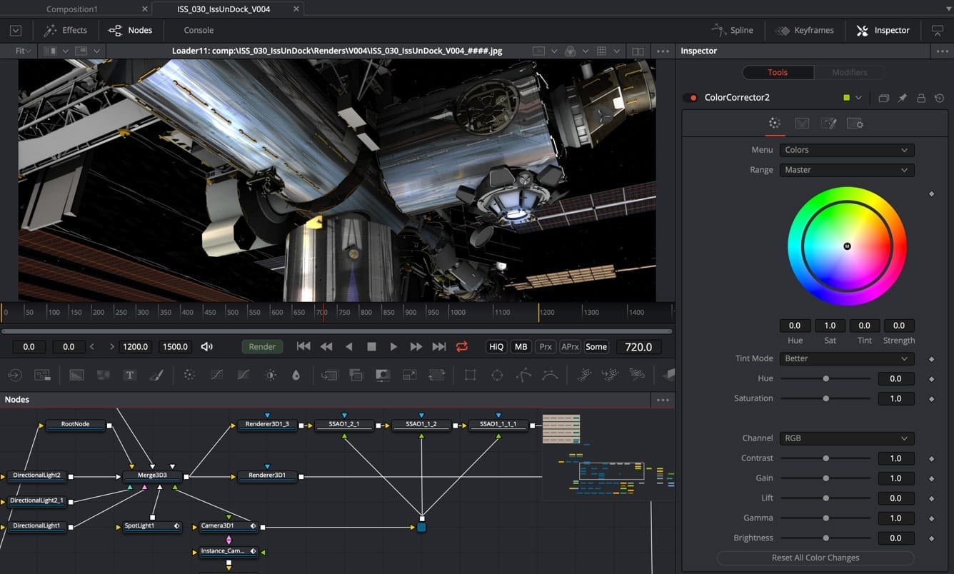 Интерфейс DaVinci Resolve: страница Fusion с нодами и цветокоррекцией