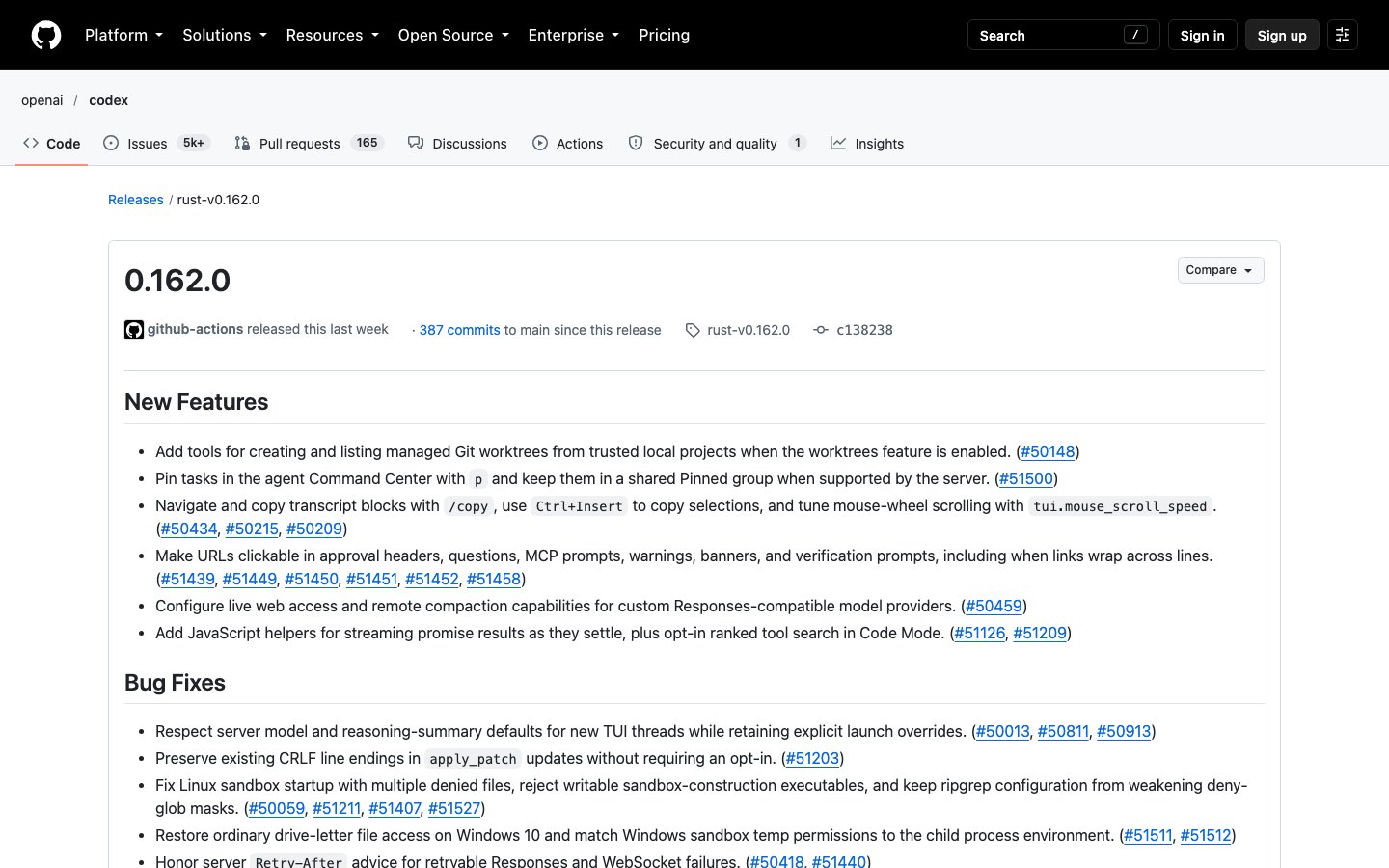 Страница релиза rust-v0.162.0 на GitHub: первый пункт New Features — инструменты для создания и просмотра managed Git worktrees